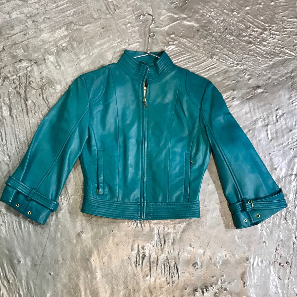 Gorgeous Arden B teal leather jacket
